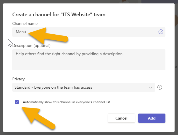 arrow pointing t the channel name field and the checkbox for automatically show this channel to everyone's channel list